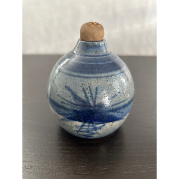 Other - Vintage Studio Pottery Oil Lamp Blue Grey Stoneware Signed Hand Thrown Glazed